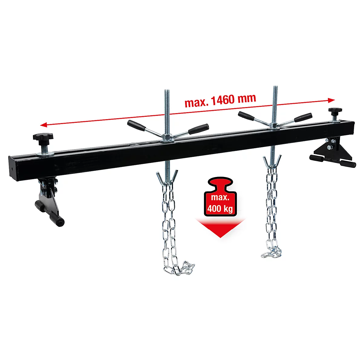 Schwarze Vorrichtung mit Ketten, Gewichtsanzeige und Maßangabe (max. 1460 mm)